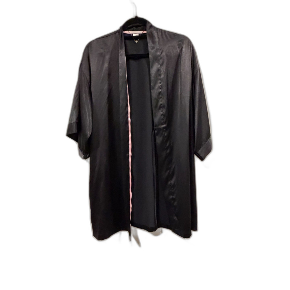 Victoria’s Secret Black Satin Kimono Robe Size Small Open Front Lingerie
